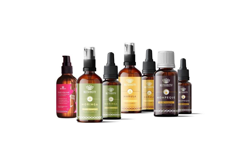 Óleos vegetais Nutriboty (Moringa, Marula, Mompeque e Óleo Vulvar Hidratante Íntimo), 100% puros e prensados a frio, ideais para hidratação, massagem e aromaterapia.