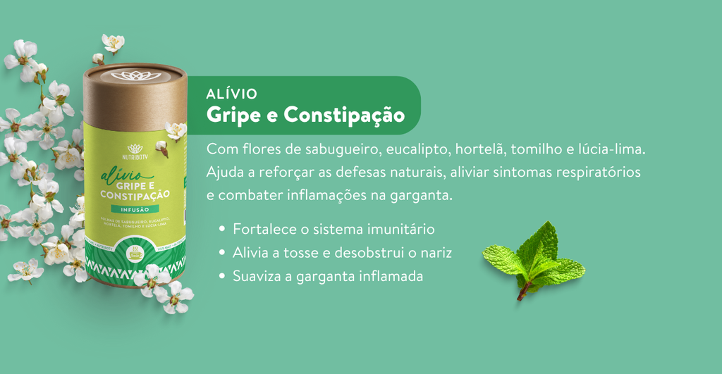 A Infusão Alívio Gripe e Constipação combina flores de sabugueiro e folhas de eucalipto, hortelã, tomilho e lúcia-lima, fortalecendo o sistema imunitário e aliviando os sintomas da gripe e constipação.