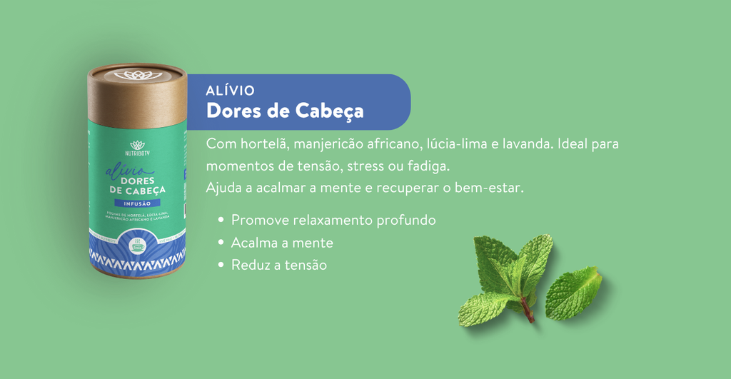 A Infusão Alívio Dores de Cabeça da Nutriboty combina extratos de hortelã, manjericão africano, lúcia-lima e lavanda para promover um relaxamento profundo, acalmando a mente e aliviando a tensão.