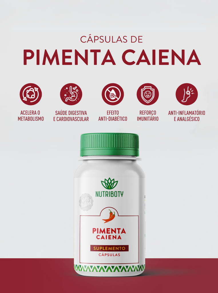 Se queres usufruir dos benefícios da pimenta caiena mas sem o sabor picante, o Suplemento Pimenta Caiena da Nutriboty é a escolha perfeita! Ajuda a tratar a síndrome do intestino irritável ao reduzir a dor abdominal e a sensação de inchaço, alivia dores crónicas, apresenta ação anti-inflamatória e favorece a perda de peso, diminuindo a gordura corporal.