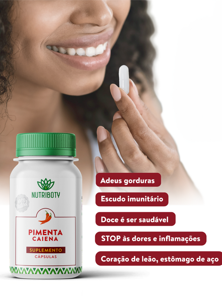 Se queres usufruir dos benefícios da pimenta caiena mas sem o sabor picante, o Suplemento Pimenta Caiena da Nutriboty é a escolha perfeita! Ajuda a tratar a síndrome do intestino irritável ao reduzir a dor abdominal e a sensação de inchaço, alivia dores crónicas, apresenta ação anti-inflamatória e favorece a perda de peso, diminuindo a gordura corporal.