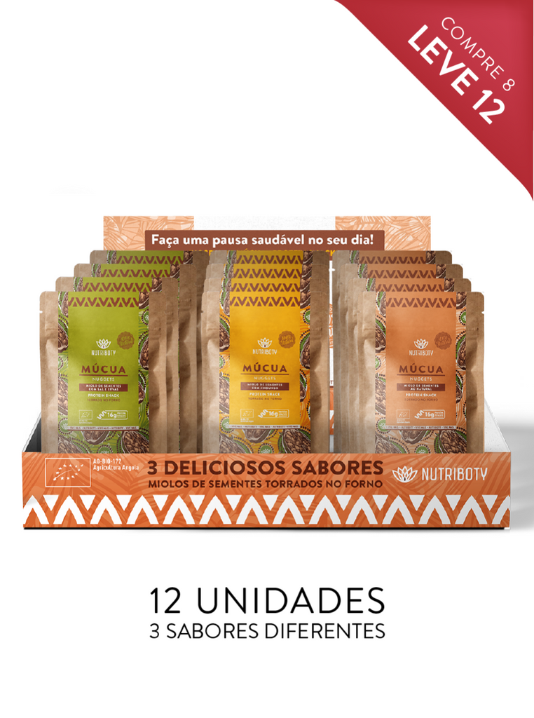 Com 16g de proteína por pacote, os nuggets de múcua apresentam um bom aporte de gorduras vegetais insaturadas, e ainda magnésio e zinco que promovem a saúde nervosa, cardiovascular e muscular. Nuggets de Múcua Snacks proteicos 