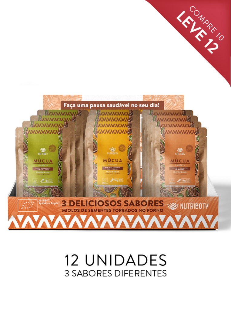 Com 16g de proteína por pacote, os nuggets de múcua apresentam um bom aporte de gorduras vegetais insaturadas, e ainda magnésio e zinco que promovem a saúde nervosa, cardiovascular e muscular. Nuggets de Múcua Snacks proteicos 